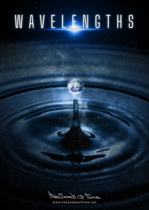 Poster art for song 'Wavelengths, Pt. 2' from album titled Random Exposure by The Seeds of Time on which there is shown a digitally created illustration of a ripple in dark water which is really the universe and instead of a droplet of water it is the planet Earth