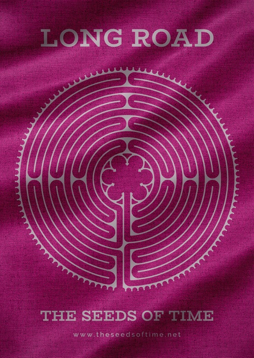 Poster art for album titled Long Road by The Seeds of Time on which there is silver graphic of a circular labyrinth and writing on a burgundy coloured fabric background