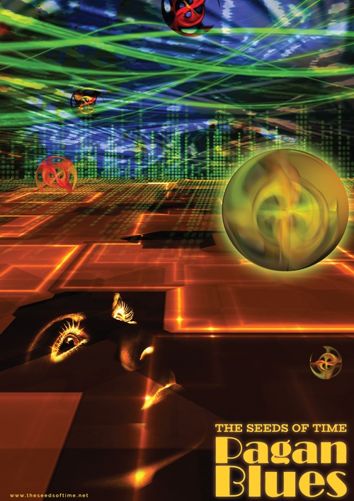 Poster art for album titled Pagan Blues by The Seeds of Time on which there is a digital design of abstract orange, blue and green lines forming musical equaliser and vibrations along with glowing outlined features of a woman's face