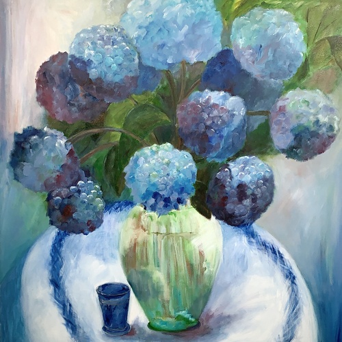 An oil on canvas painting of a vase with flowers by Lois Winter