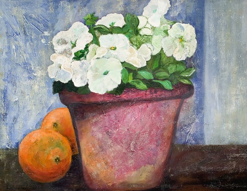 An oil on canvas painting of a vase with flowers and oranges by Lois Winter