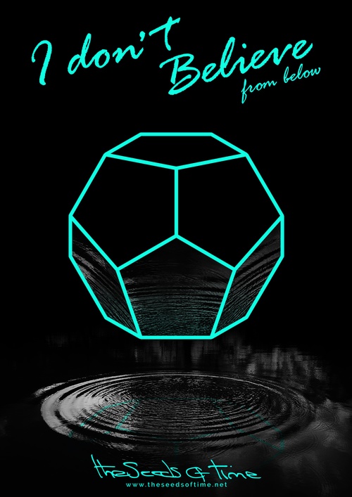 Poster art for song 'I Don't Believe, Pt.2' from album titled Random Exposure by The Seeds of Time on which there is shown a neon glowing dodecahedron reflecting in a ripple of water below it