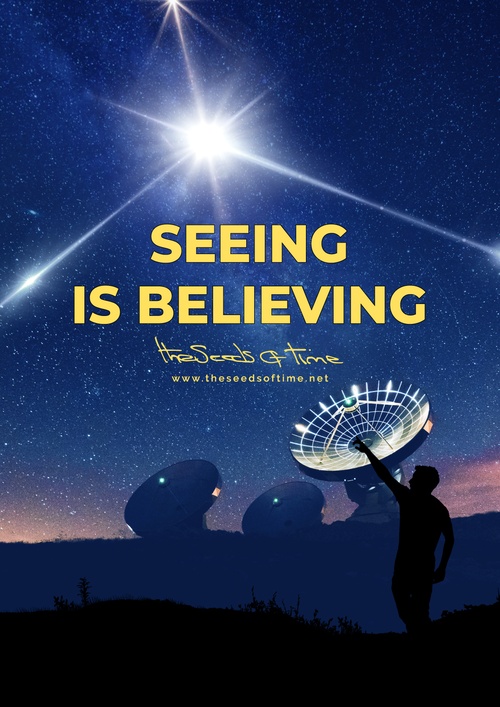 Poster art for song 'Seeing is believing' from album titled Random Exposure by The Seeds of Time on which there are shown research radio telescopes along with a silhouette of a person in the foreground pointing towards the dark, stary sky where a bright and unexplained flash of light can be seen