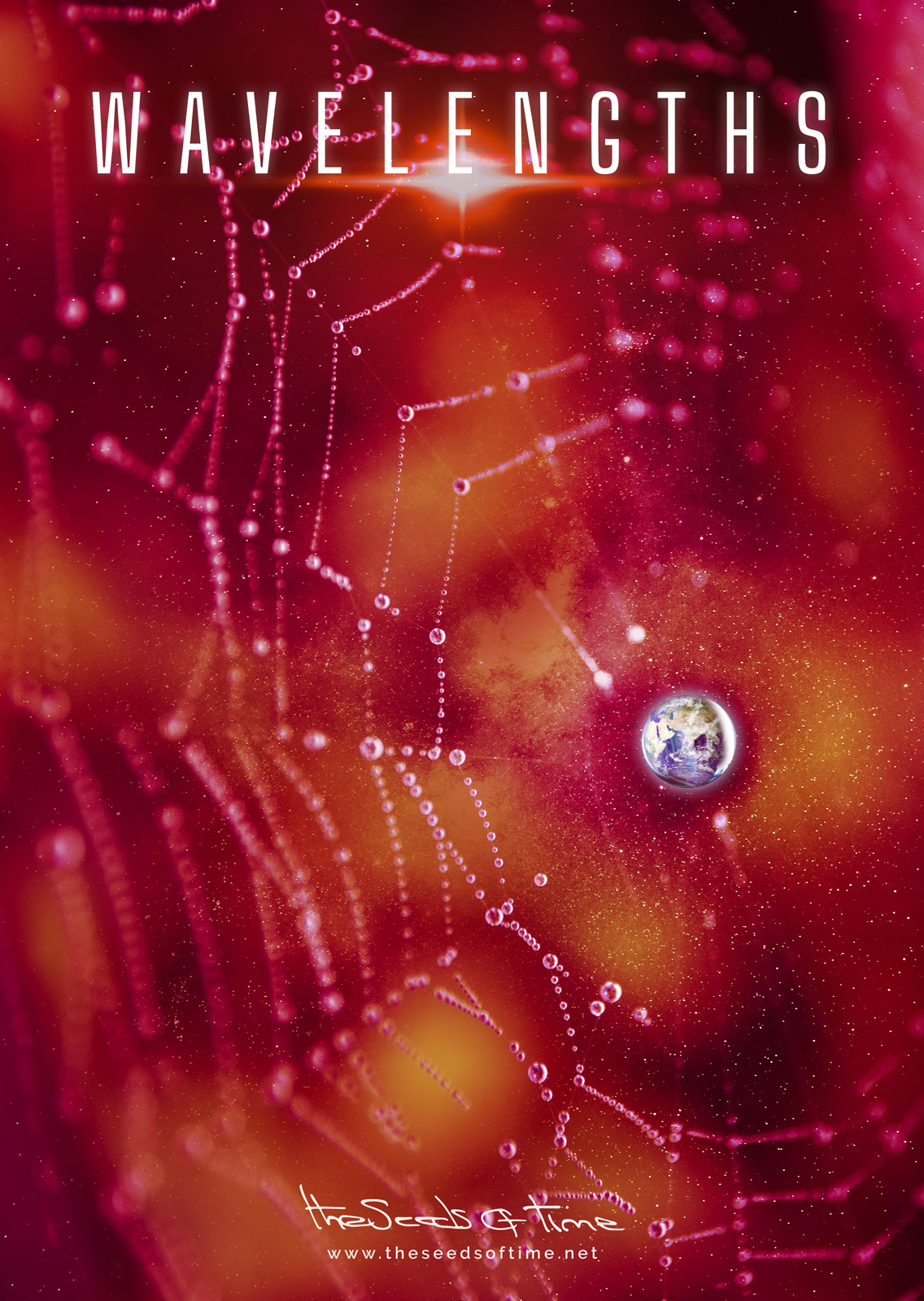 Poster art for song 'Tin Man Wavelengths' from album titled Long Road by The Seeds of Time on which there is shown a digitally created illustration of a spider web cosmos in deep red and orange colours with planet Earth being in the centre of it