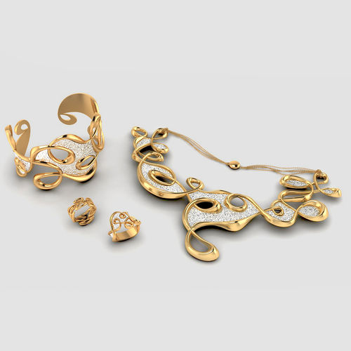A rendered picture of gold contemporary jewellery by Masha Thompson