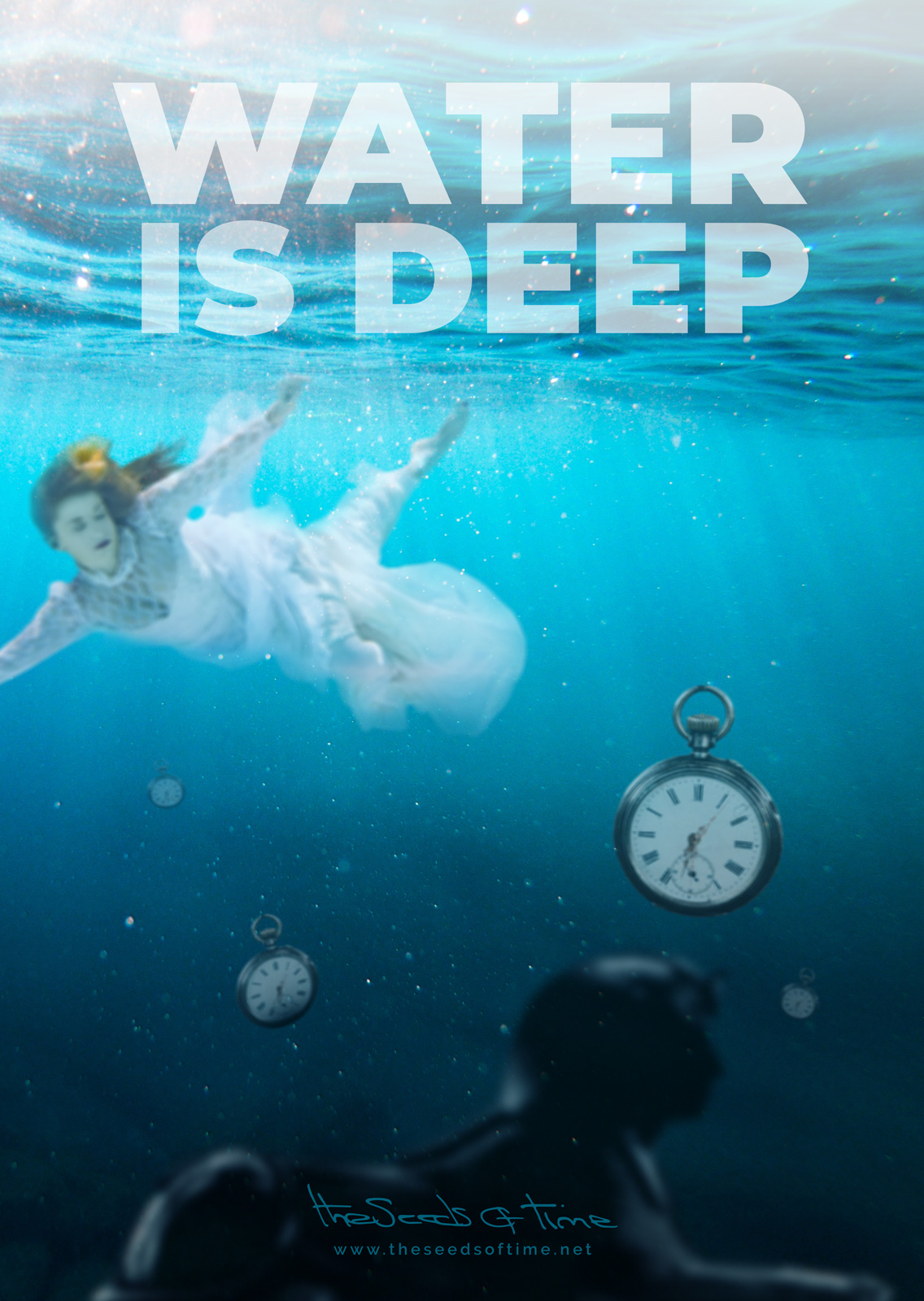 Poster art for song 'Water is deep' from album titled Spirit by The Seeds of Time on which there are shown sinking clocks alongside with a woman in a flowing dress floating near the surface and a dark shape of a sphinx in the depths of the ocean