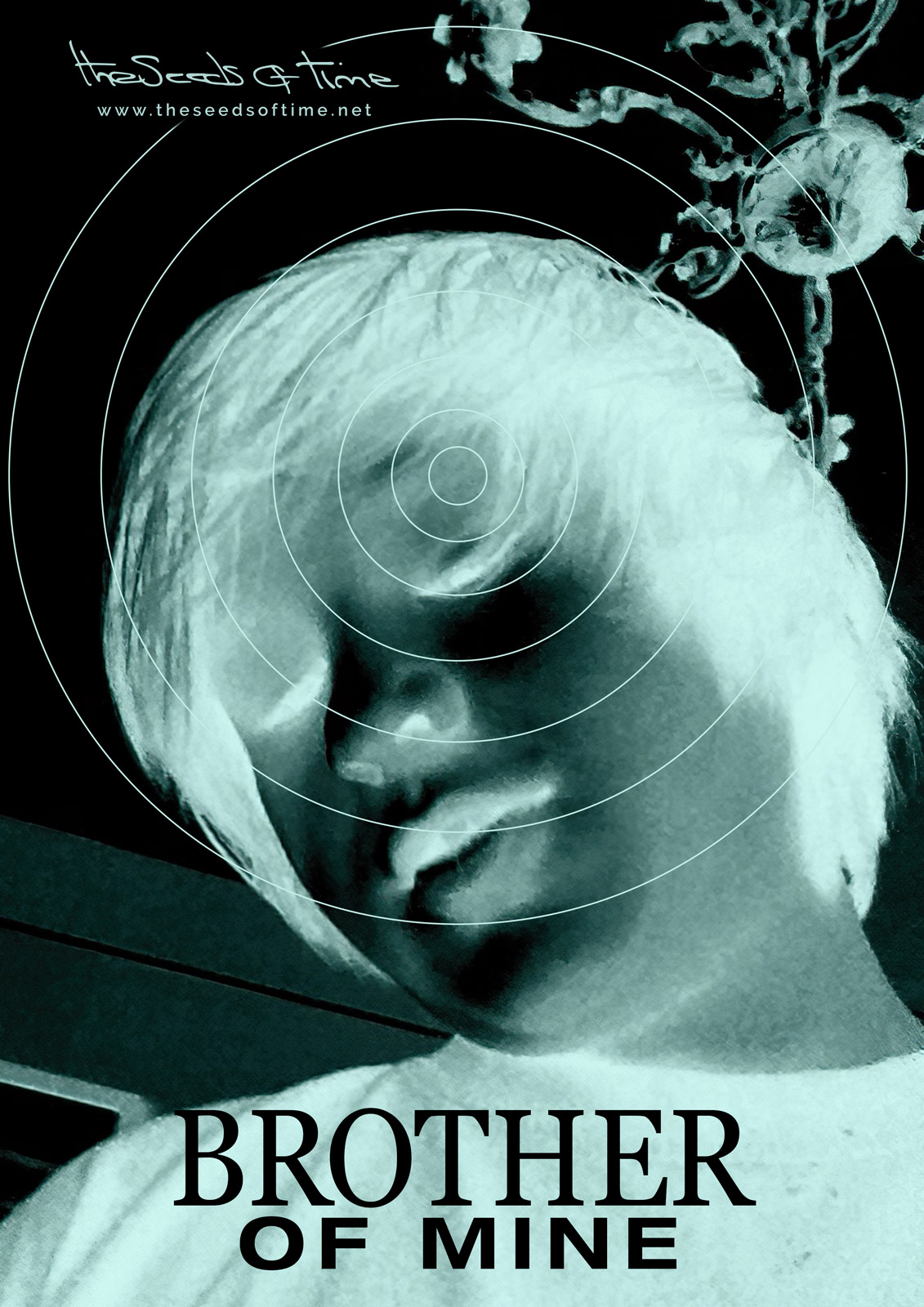 Poster art for song 'Brother of Mine' by The Seeds of Time an with inverted monochrome colour picture of a boy with radial communication waves originating from his forehead