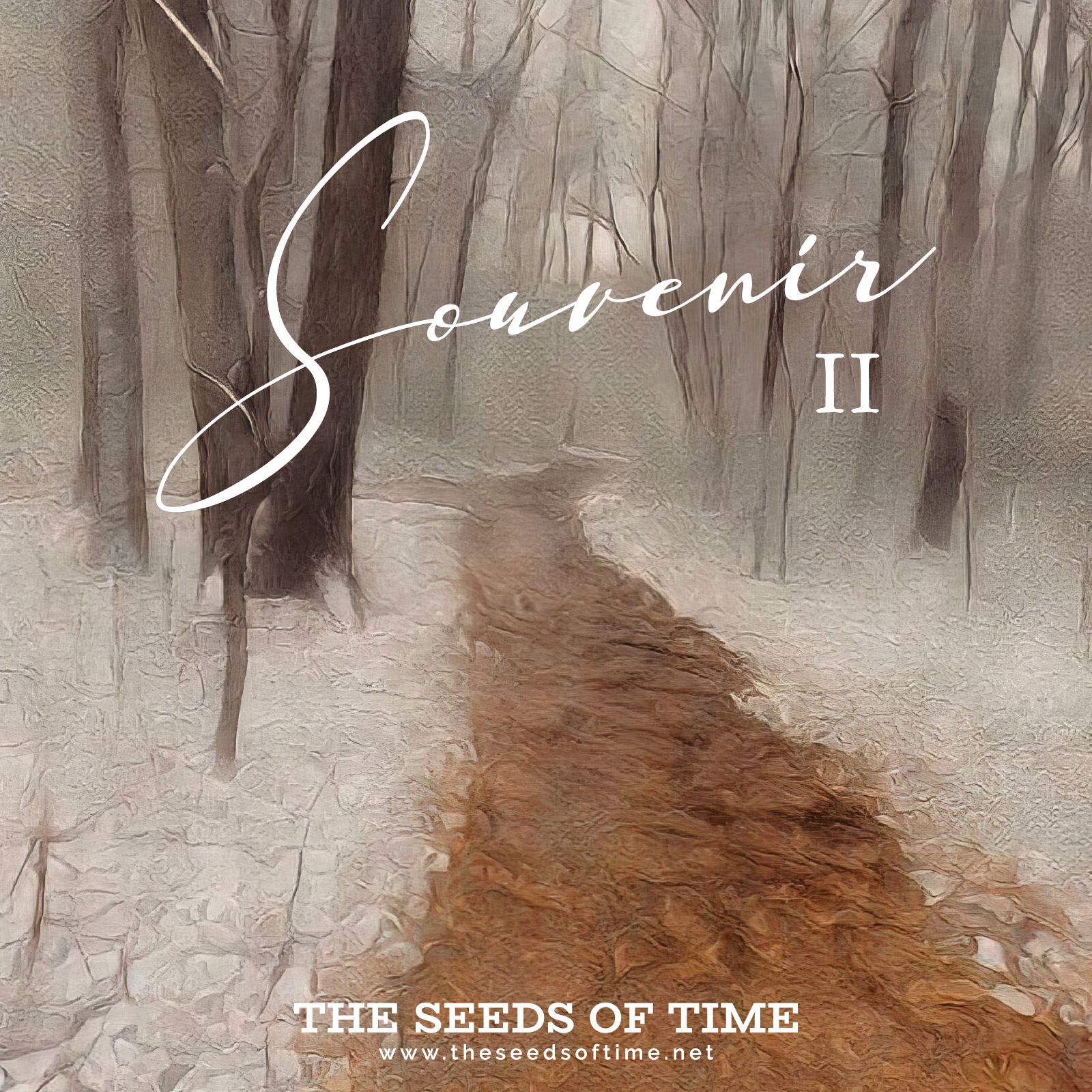 Track image for instrumental piano piece titled Souvenir 2 with an expressionist style artwork of a snowed in woodland where a path of soggy yellow leaves leads behind and around the naked trees